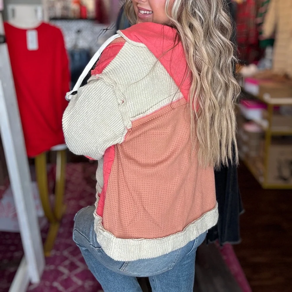 POL Oversized Hooded Multi Fabric Patchwork Shacket Coral - Picture 2 of 8